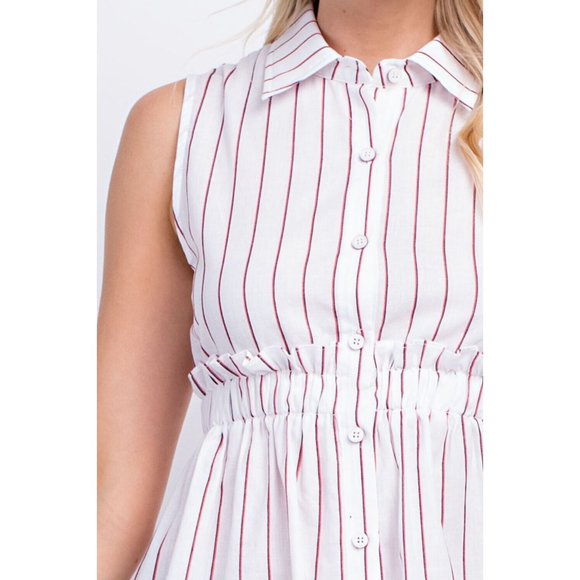 Sleeveless Button Front Collared Casual Striped Peplum Blouse Top - Picture 9 of 10